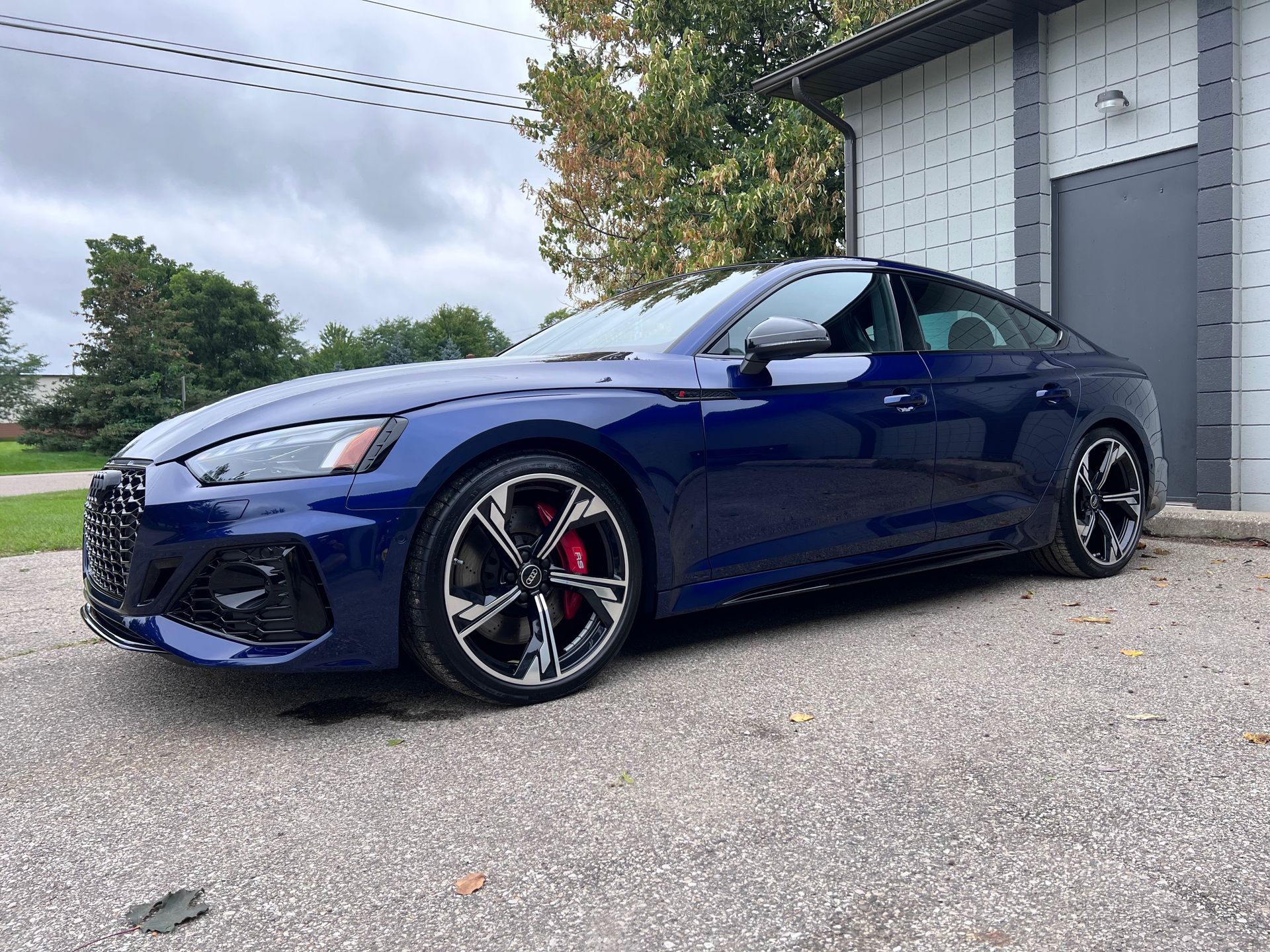 Blue Audi RS5 coupe parked in front of a gray building on a cloudy day.