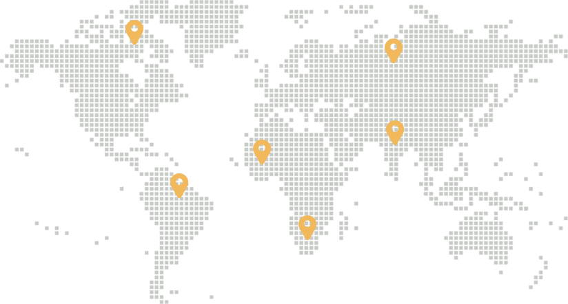 World map with yellow location pins marking various global locations.