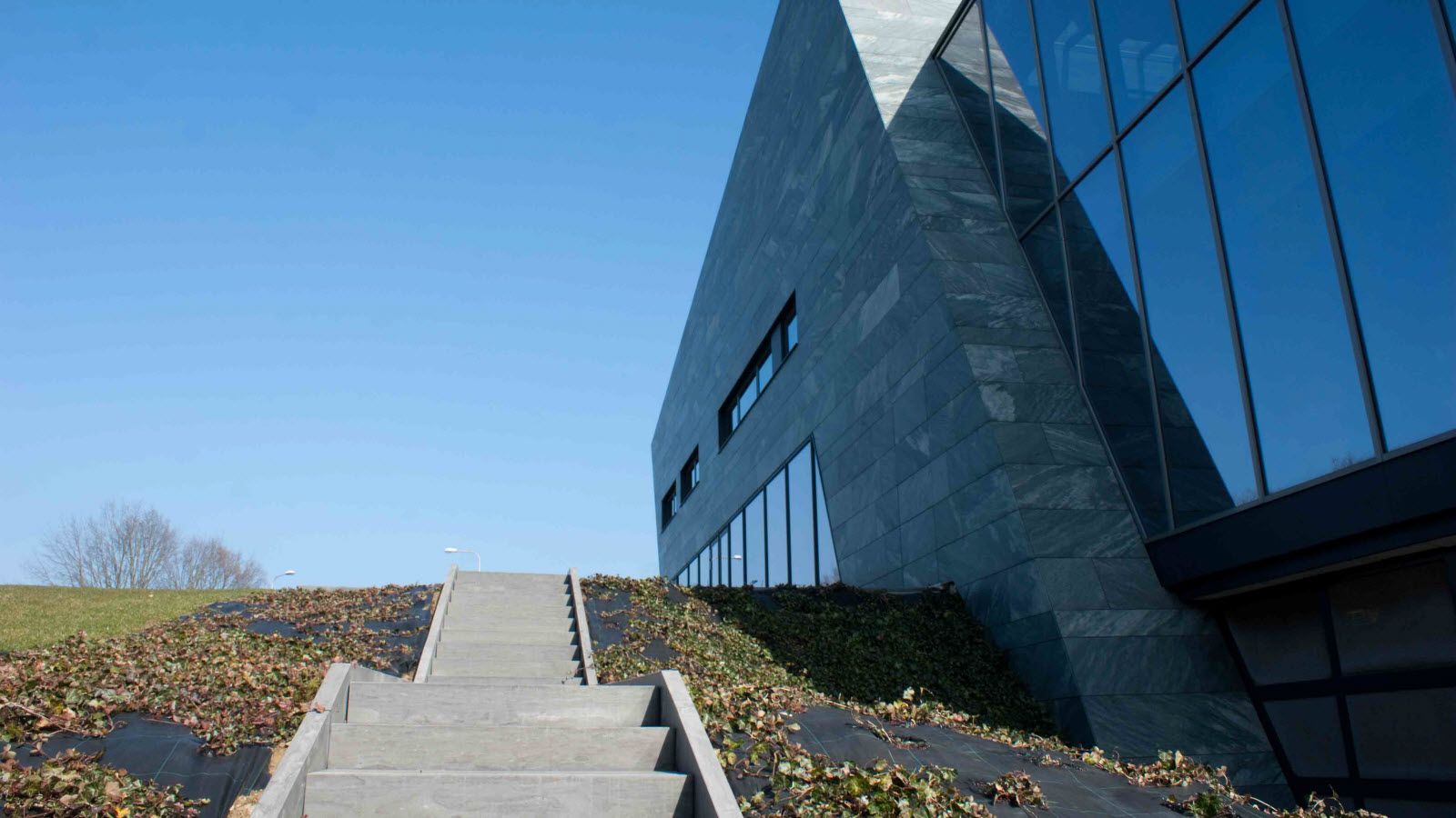 Een gebouw met een trap ernaartoe en een blauwe lucht op de achtergrond.