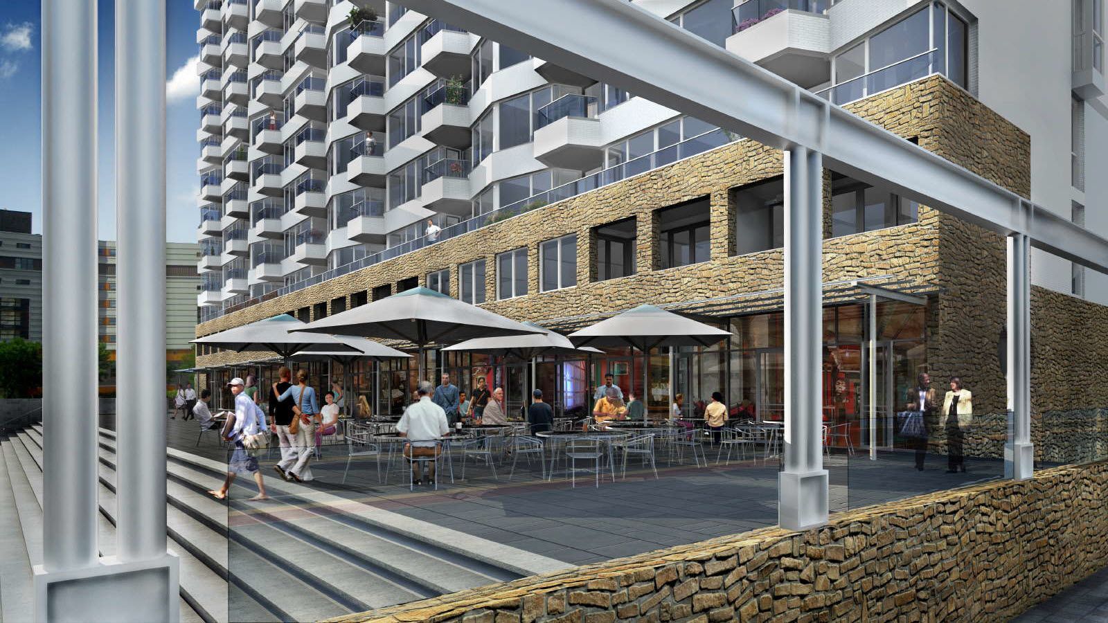 Een impressie van een restaurant voor een hoog gebouw.