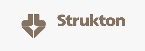 Een logo voor een bedrijf genaamd Strukton met een pijl die naar beneden wijst.