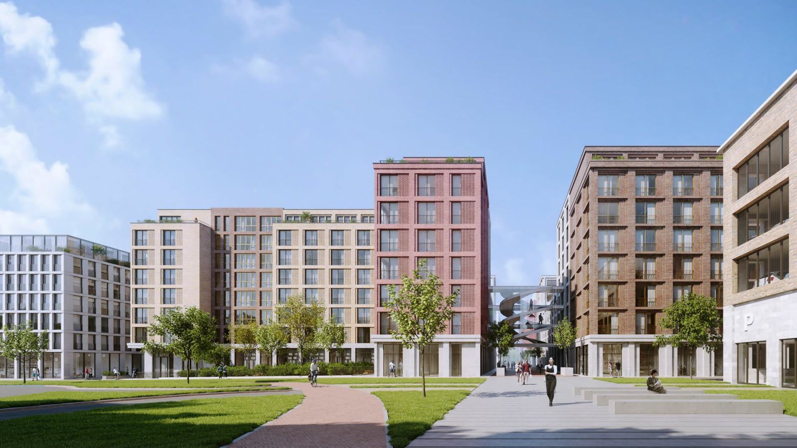 Een groep gebouwen staat naast elkaar in een park.