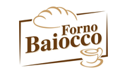 Logo per Forno Baiocco raffigurante una pagnotta di pane integrale e un'icona di tazza di caffè all'interno di un rettangolo 