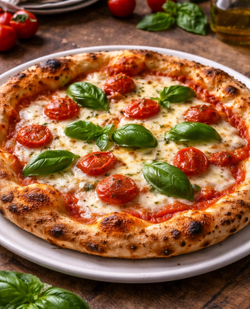 Tre tipi di pizze rettangolari gourmet: una con pomodorini e olive, una con mortadella e una con funghi.