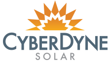 The logo for cyberdyne solar is a sun with rays coming out of it.