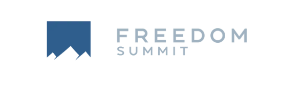 The logo for the freedom summit is blue and white with a mountain in the middle.