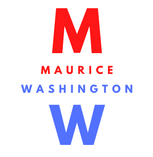 A logo for maurice washington shows a red letter m and a blue letter w
