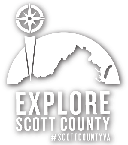 A logo for explore scott county with a map and compass