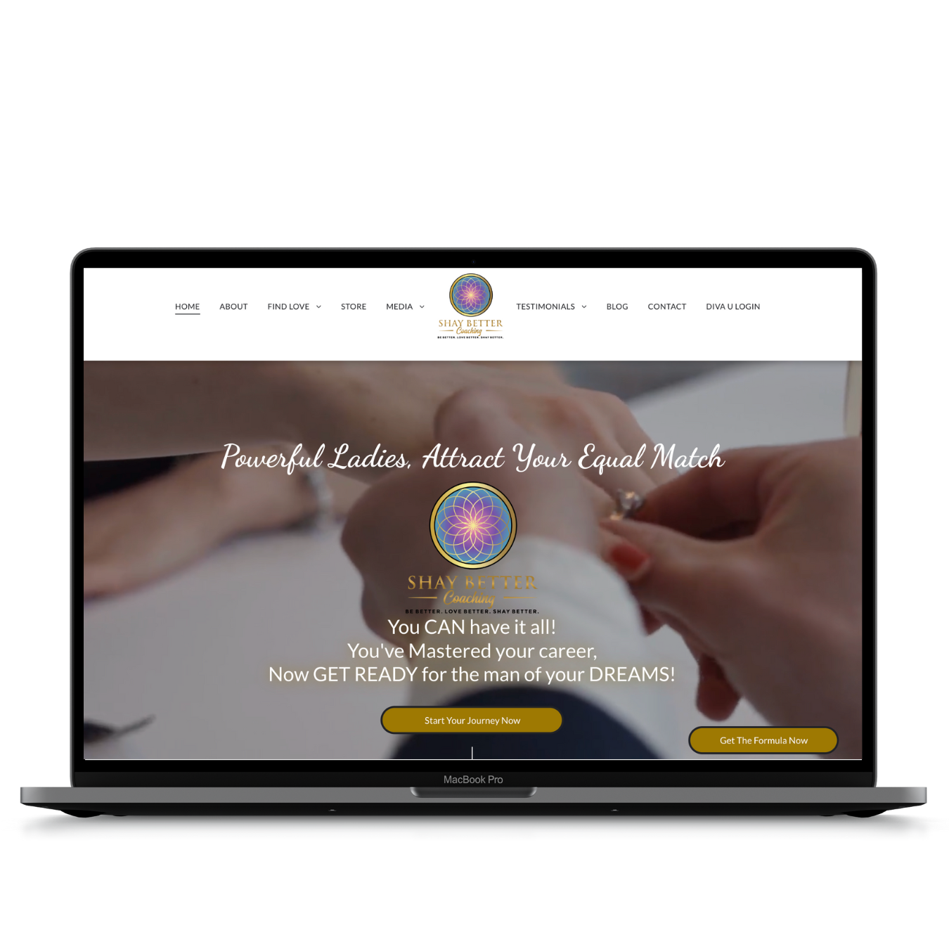 A laptop computer is open to a website that shows a woman 's hand with a ring on it.