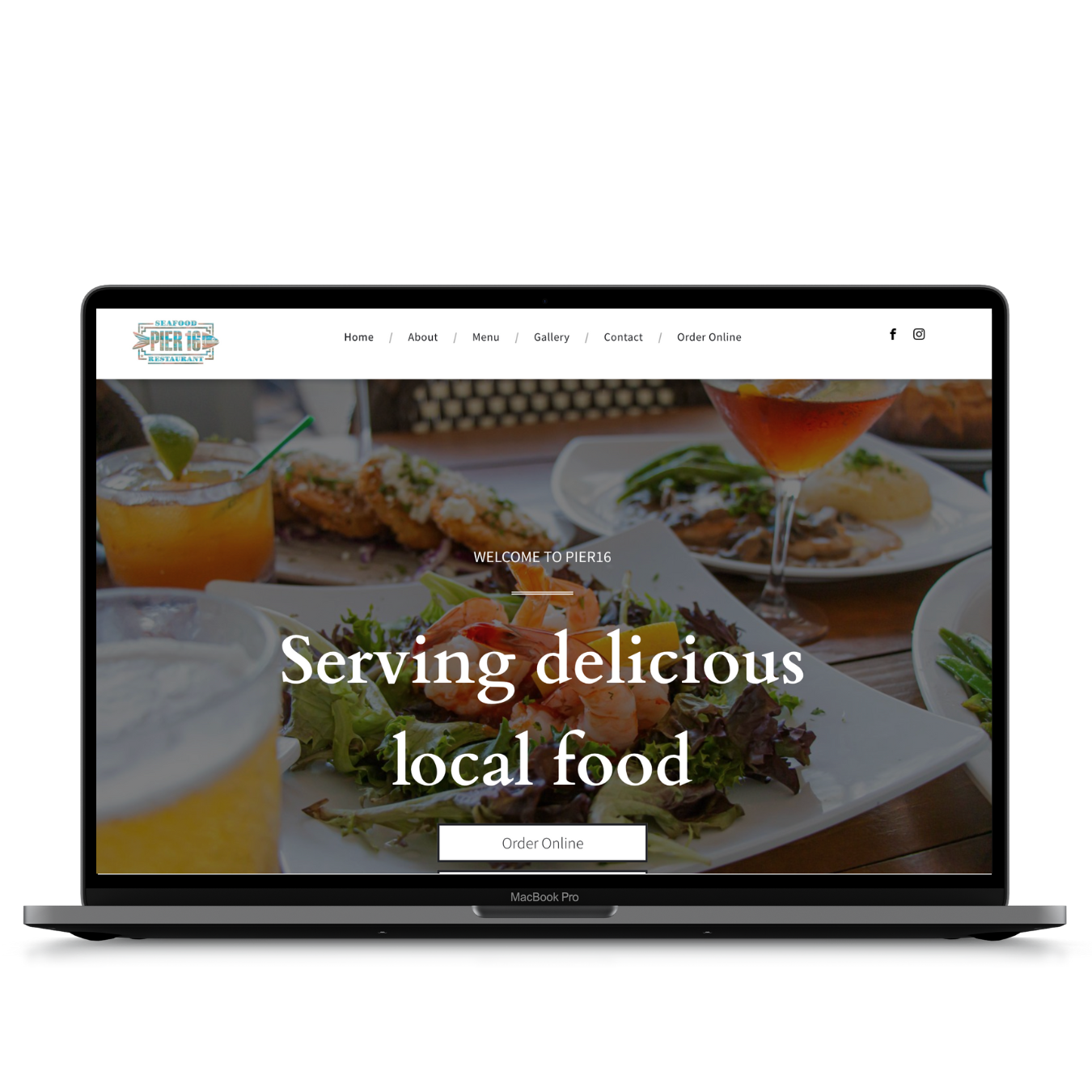 A laptop computer is displaying a website for a restaurant called serving delicious local food.