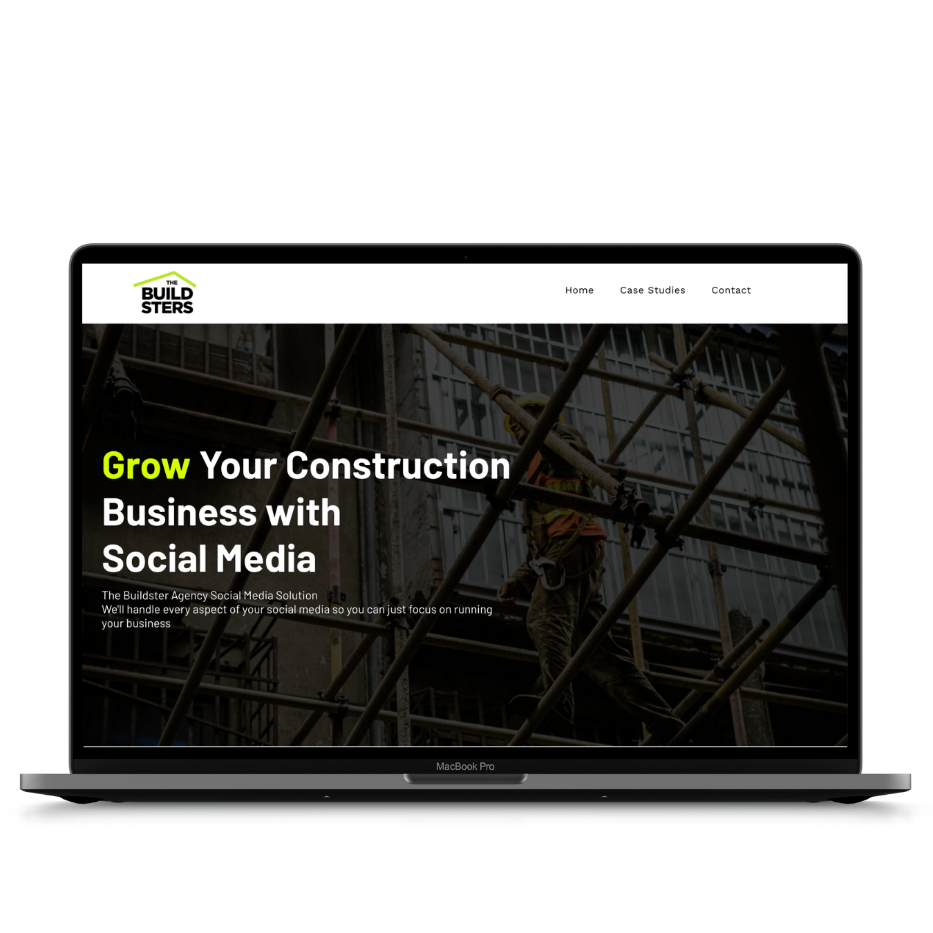 A laptop computer is open to a page that says `` grow your construction business with social media ''.