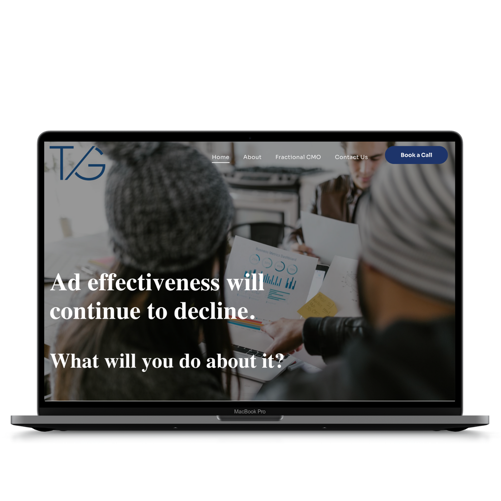 A laptop computer is open to a website that says `` ad effectiveness will continue to decline . what will you do about it ? ''