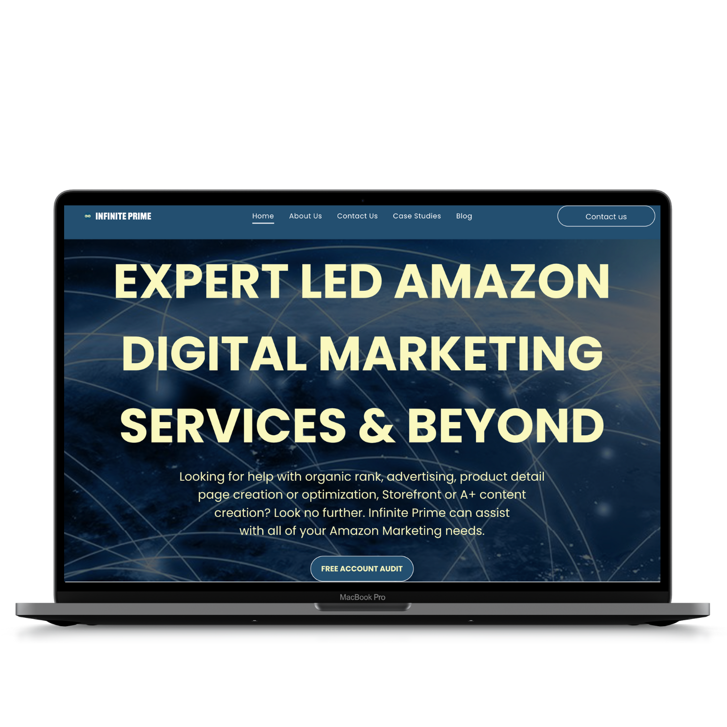A laptop computer displaying a website for expert led amazon digital marketing services and beyond.