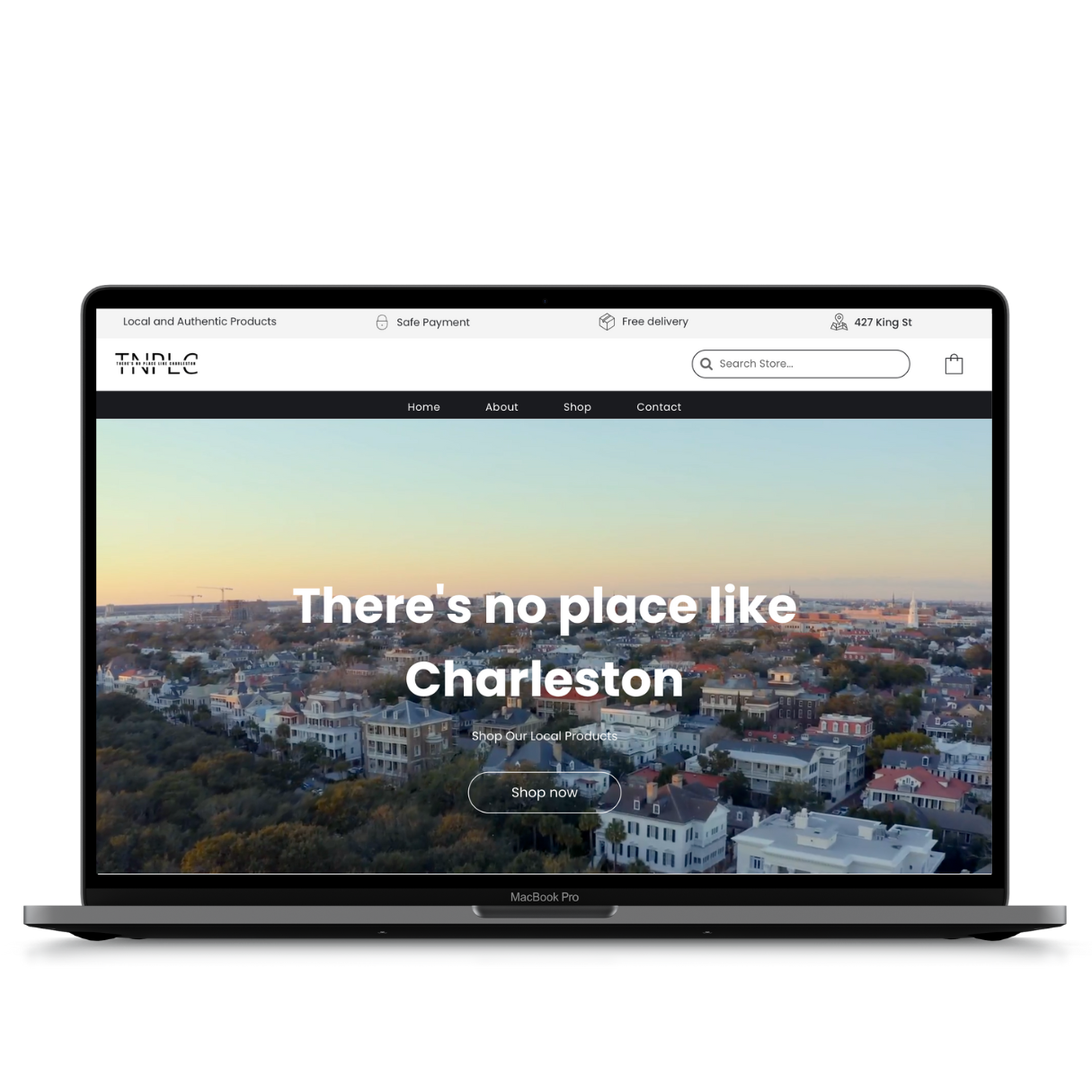A laptop computer is open to a website that says `` there 's no place like charleston ''.