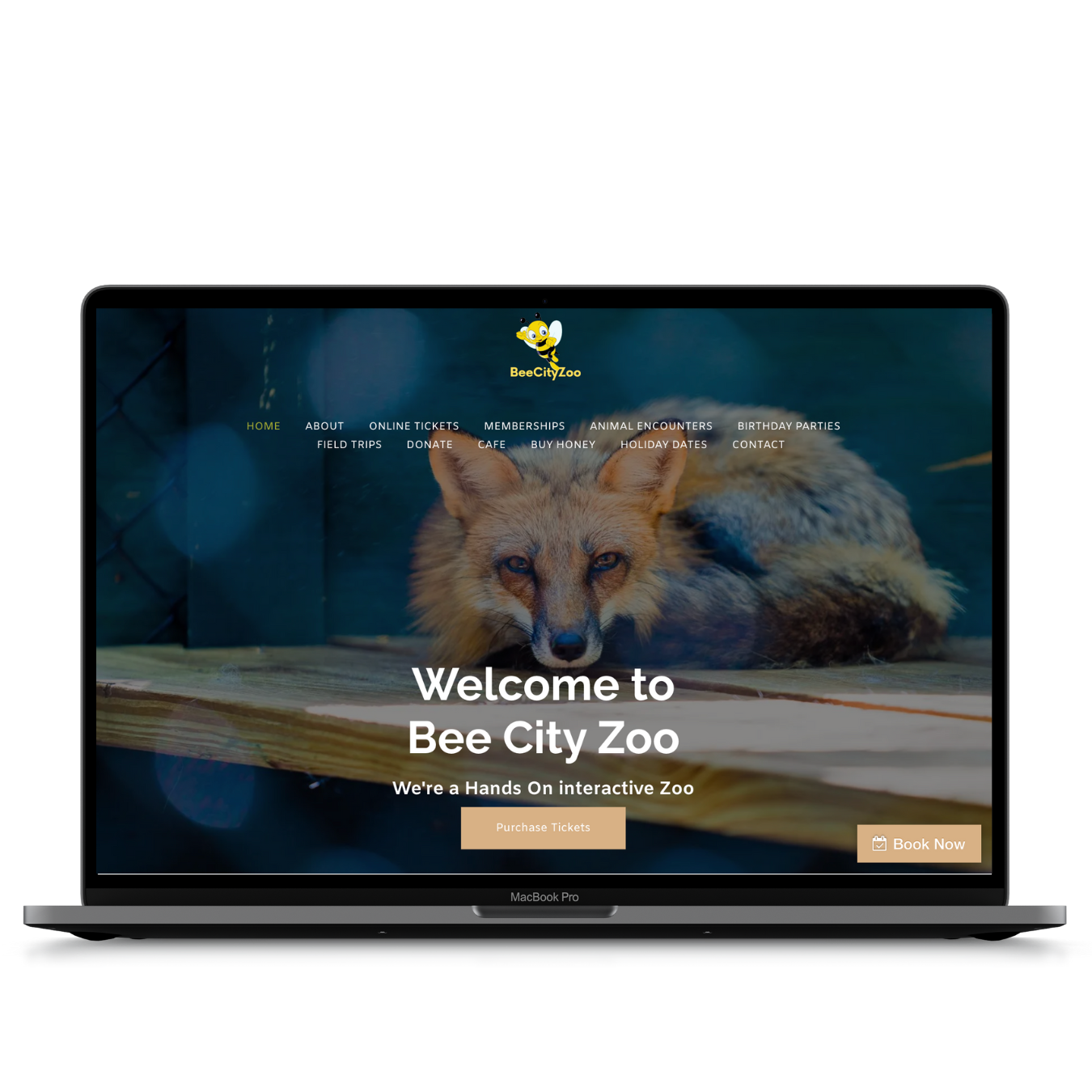 A laptop computer is open to a website for bee city zoo.
