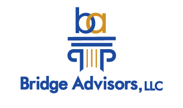 The logo for bridge advisors , llc is blue and yellow.