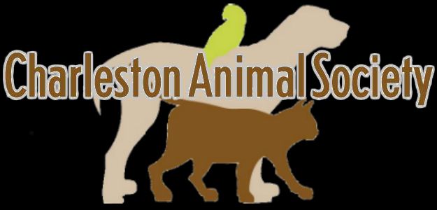 The logo for the charleston animal society shows a dog a cat and a bird