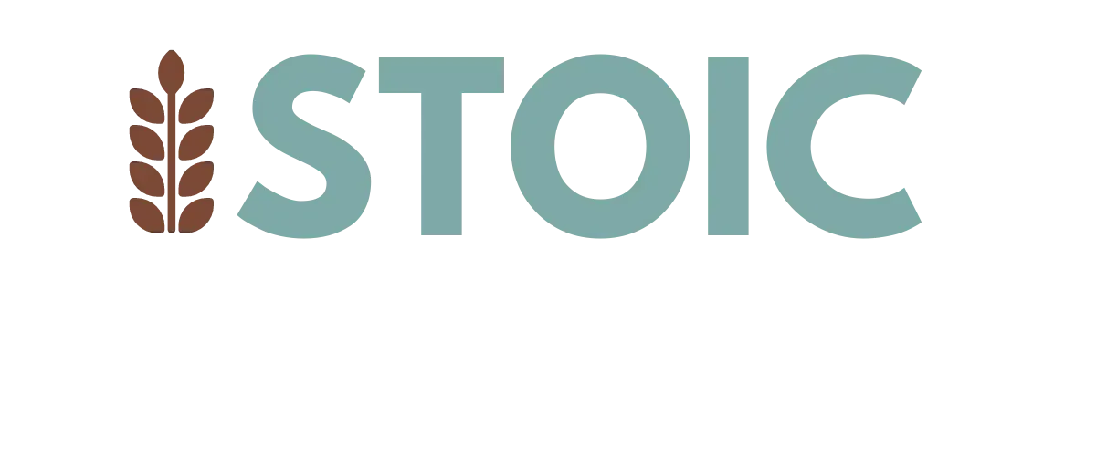 A logo for stoic with a wheat ear on a white background.