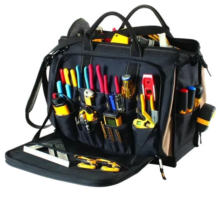 A black tool bag filled with lots of tools