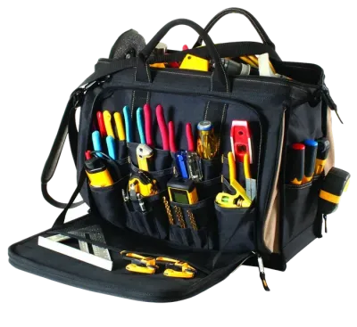 A black tool bag filled with lots of tools