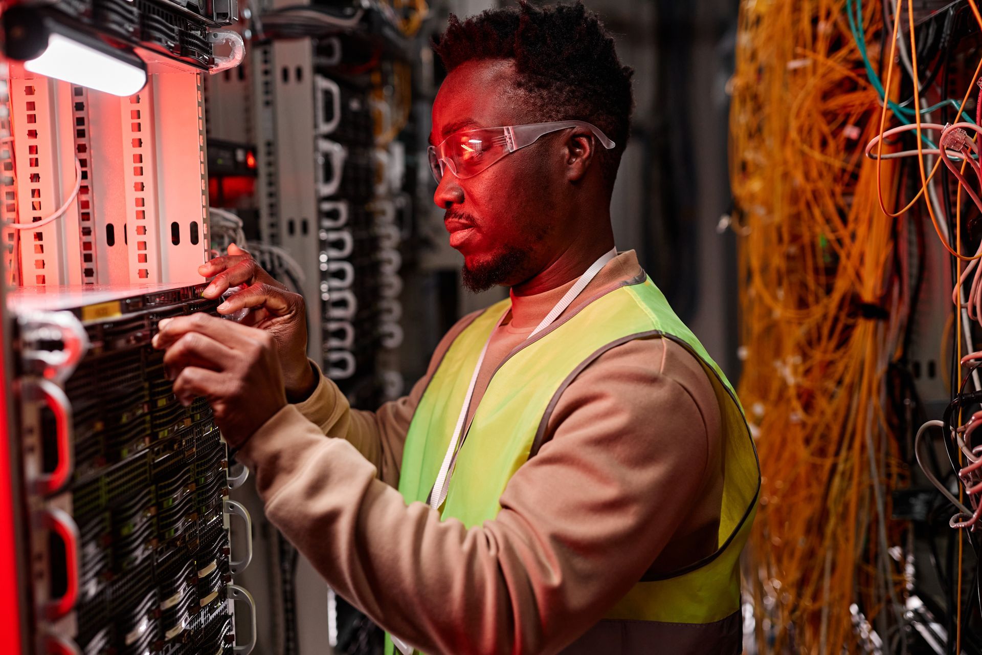 A man is working on a server in a data center.