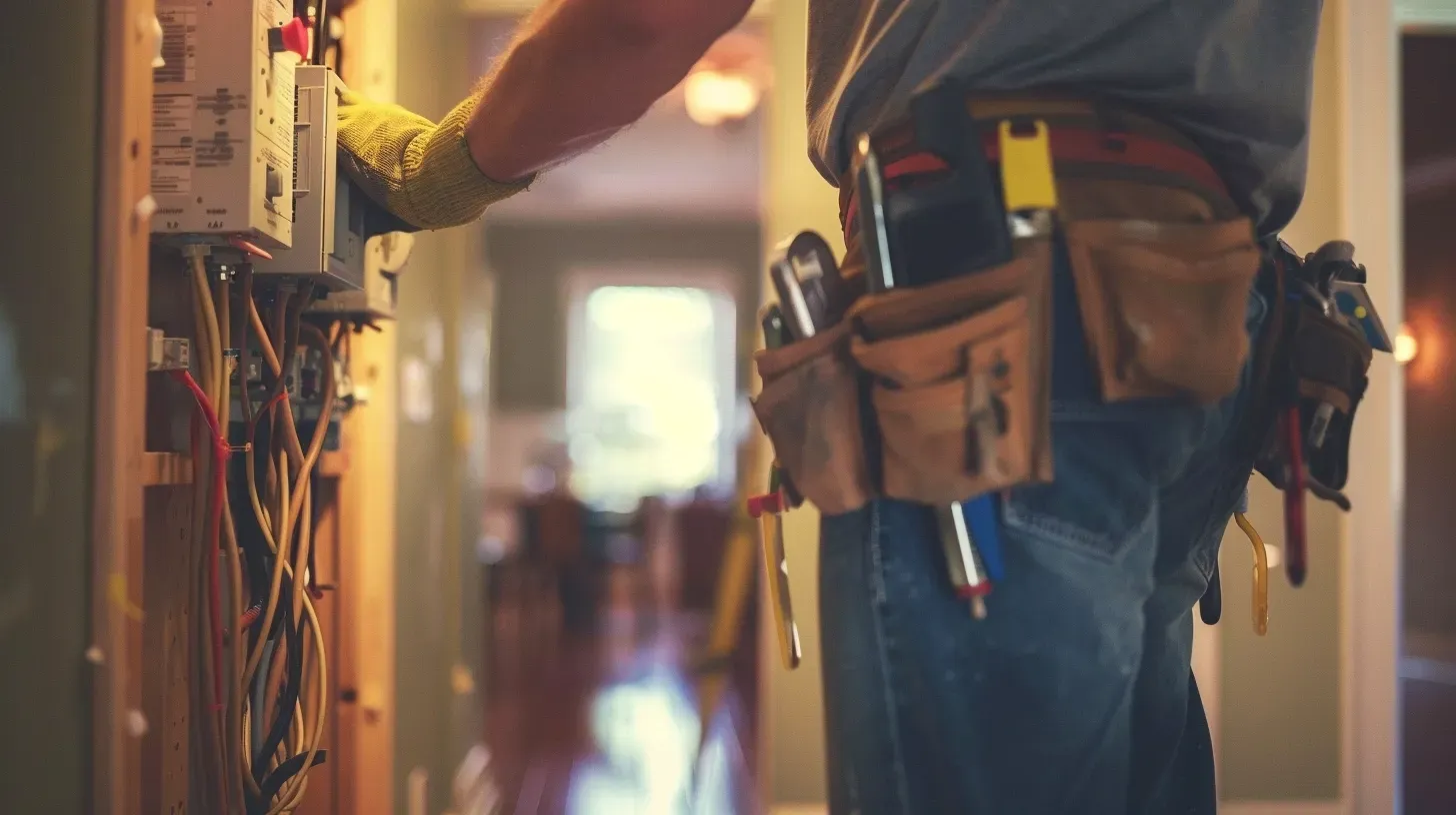 A man wearing a tool belt is working on an electrical box.