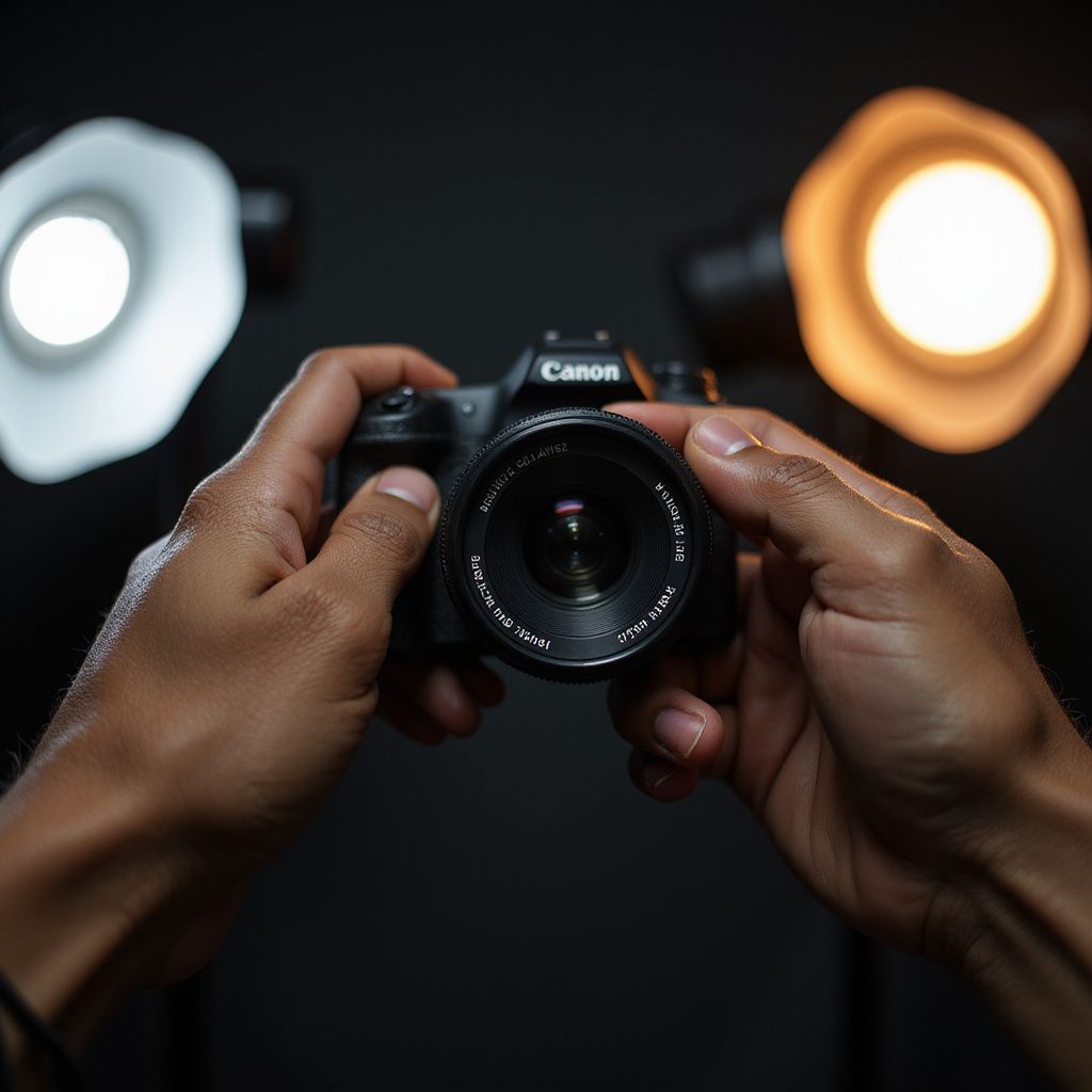 Hands holding a Canon camera, studio setting, two lights.
