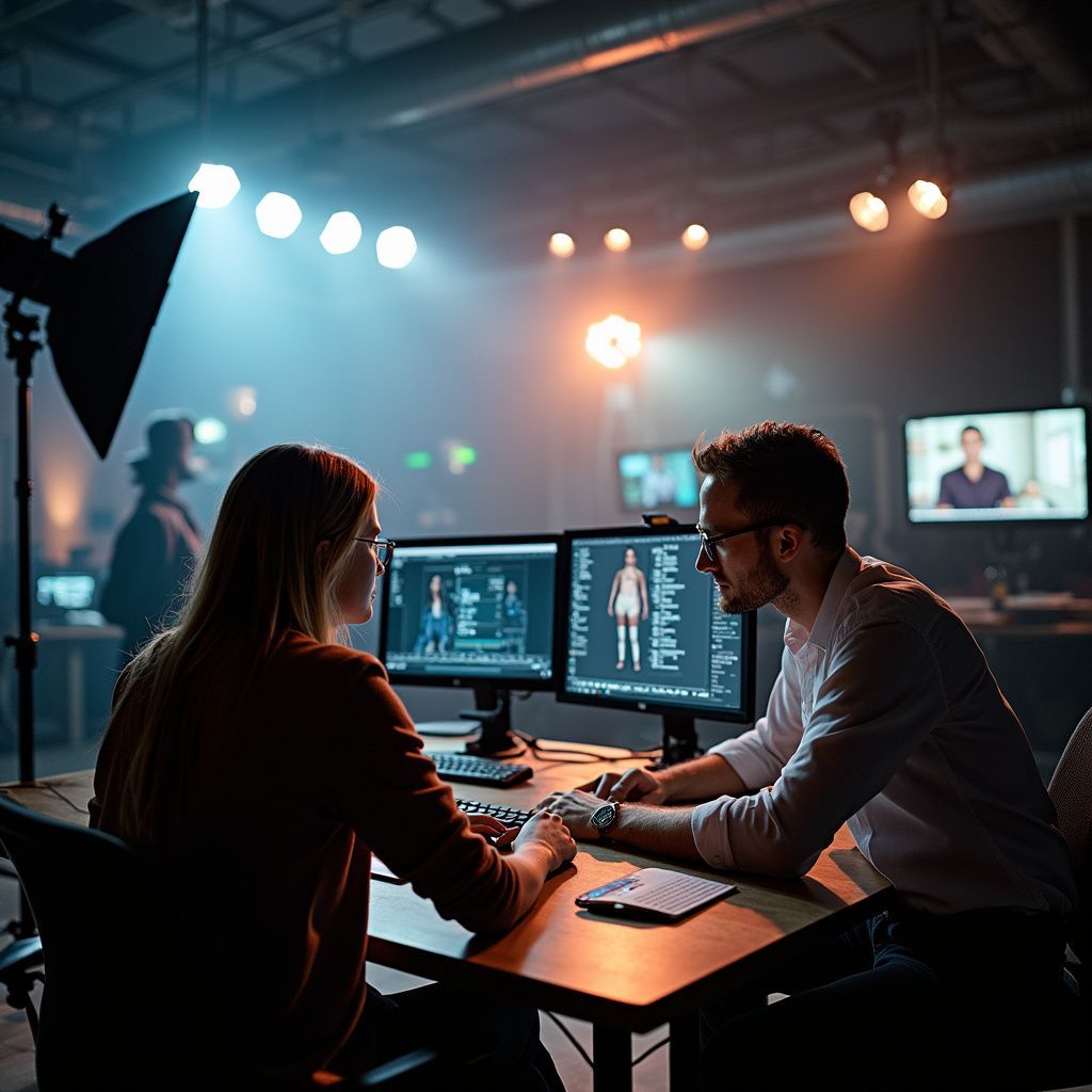 Two people, sitting at a desk, looking at computer screens in a dimly lit studio.