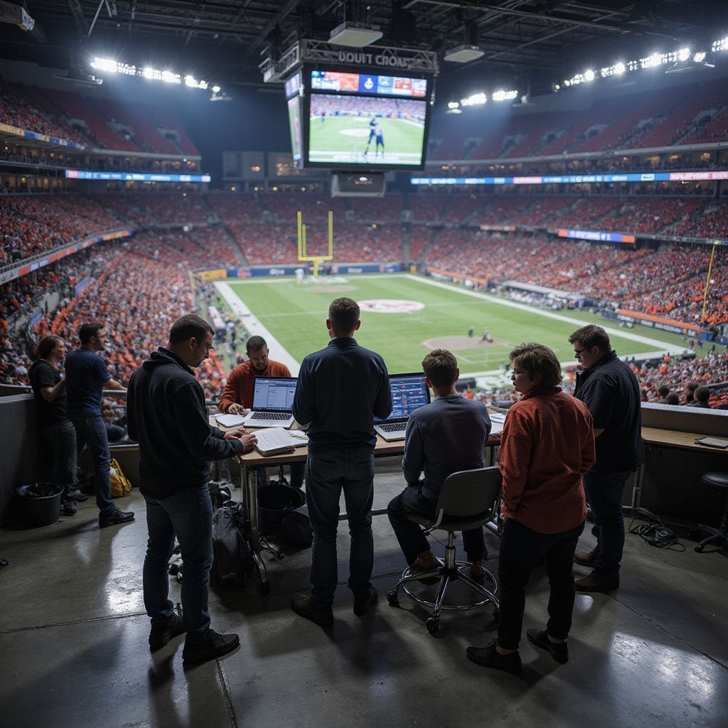 Control room at football stadium with people monitoring screens, game in progress.