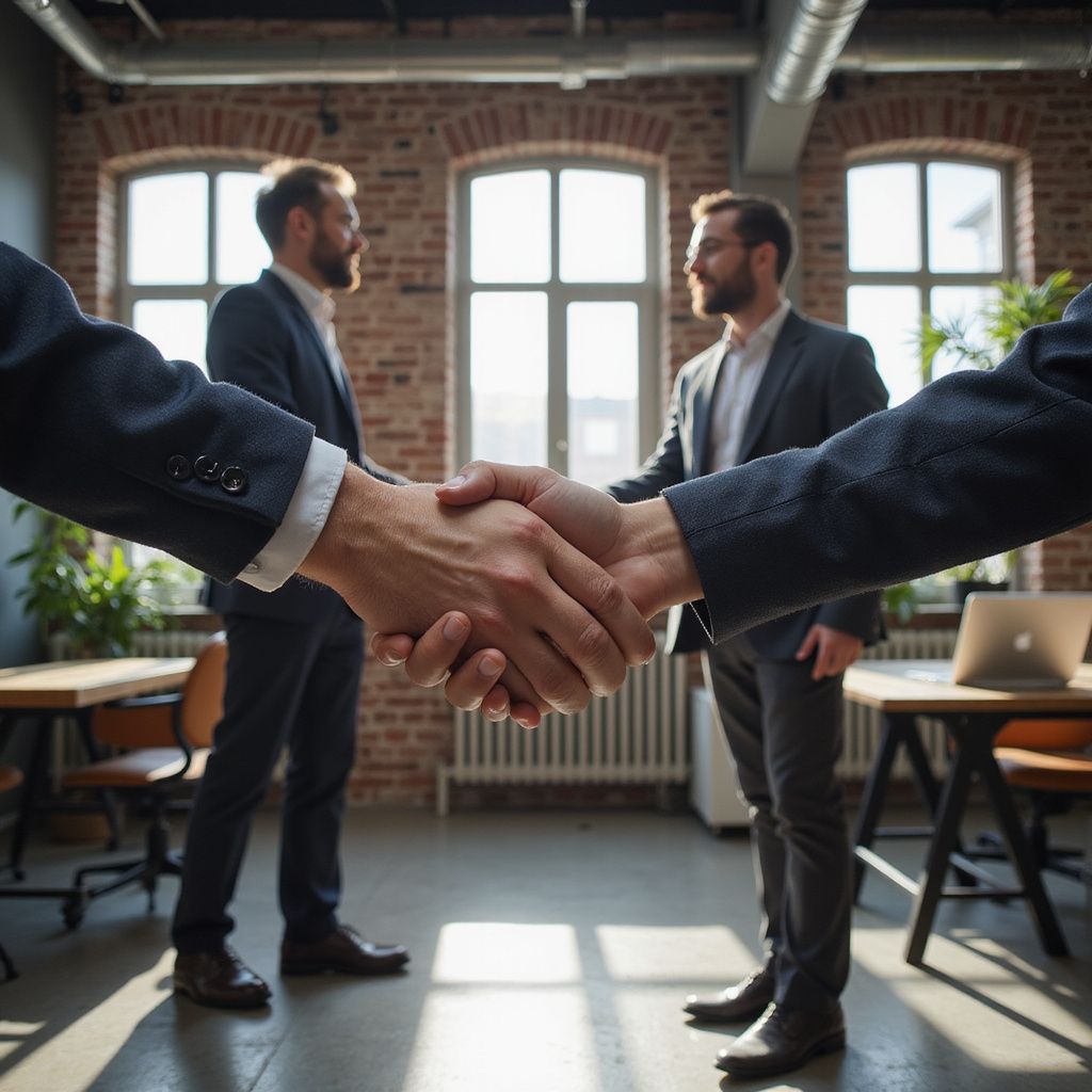 Two men in suits shaking hands in an office, two others in background, brick wall and windows.