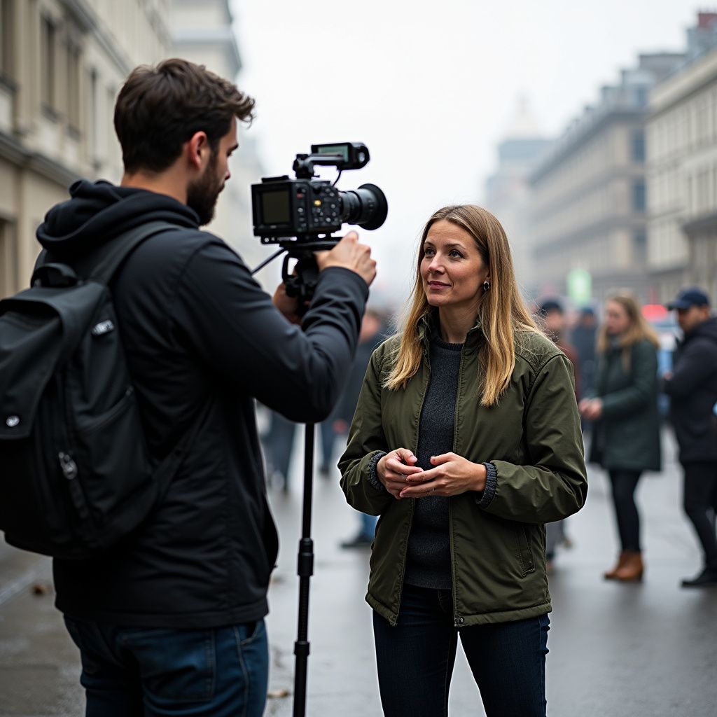 A person is being filmed by a camera operator on a city street. The person is speaking.