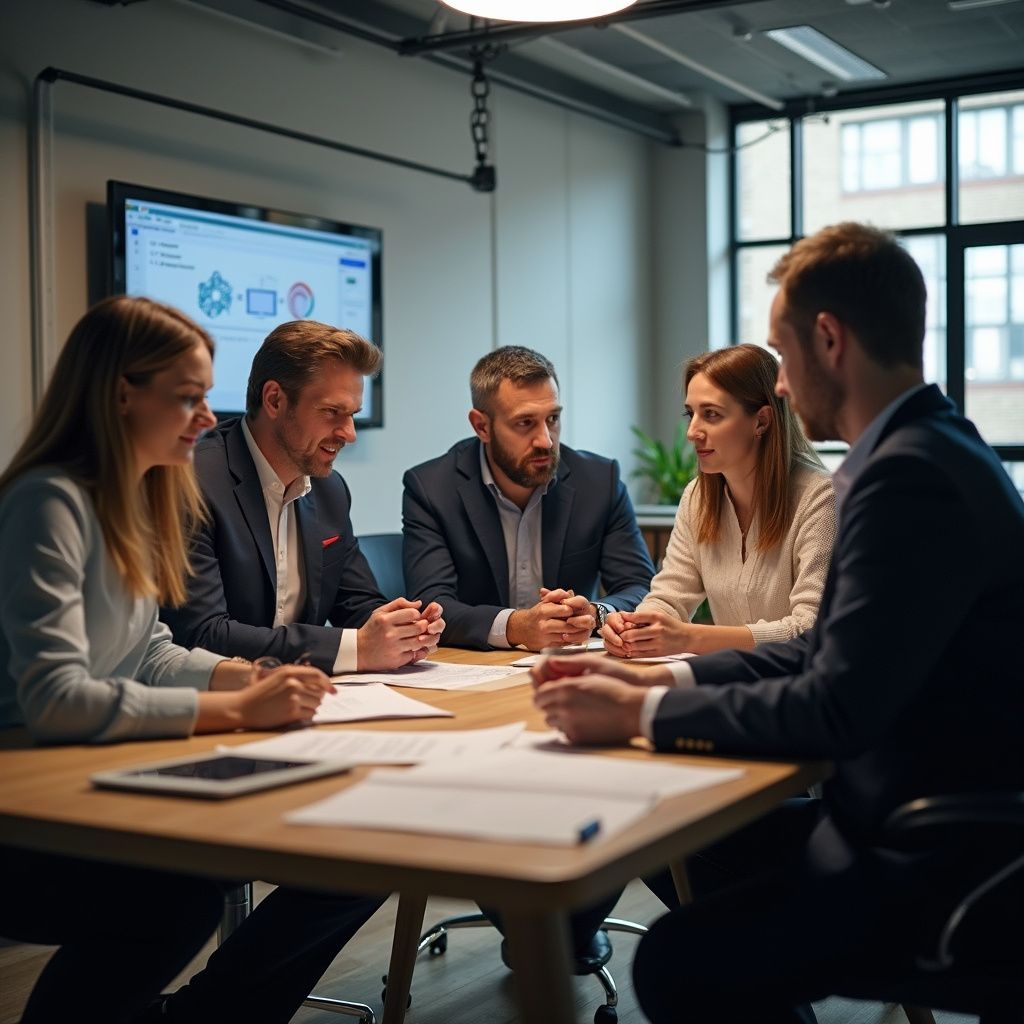 Business people in a meeting, reviewing documents at a table in a modern office.
