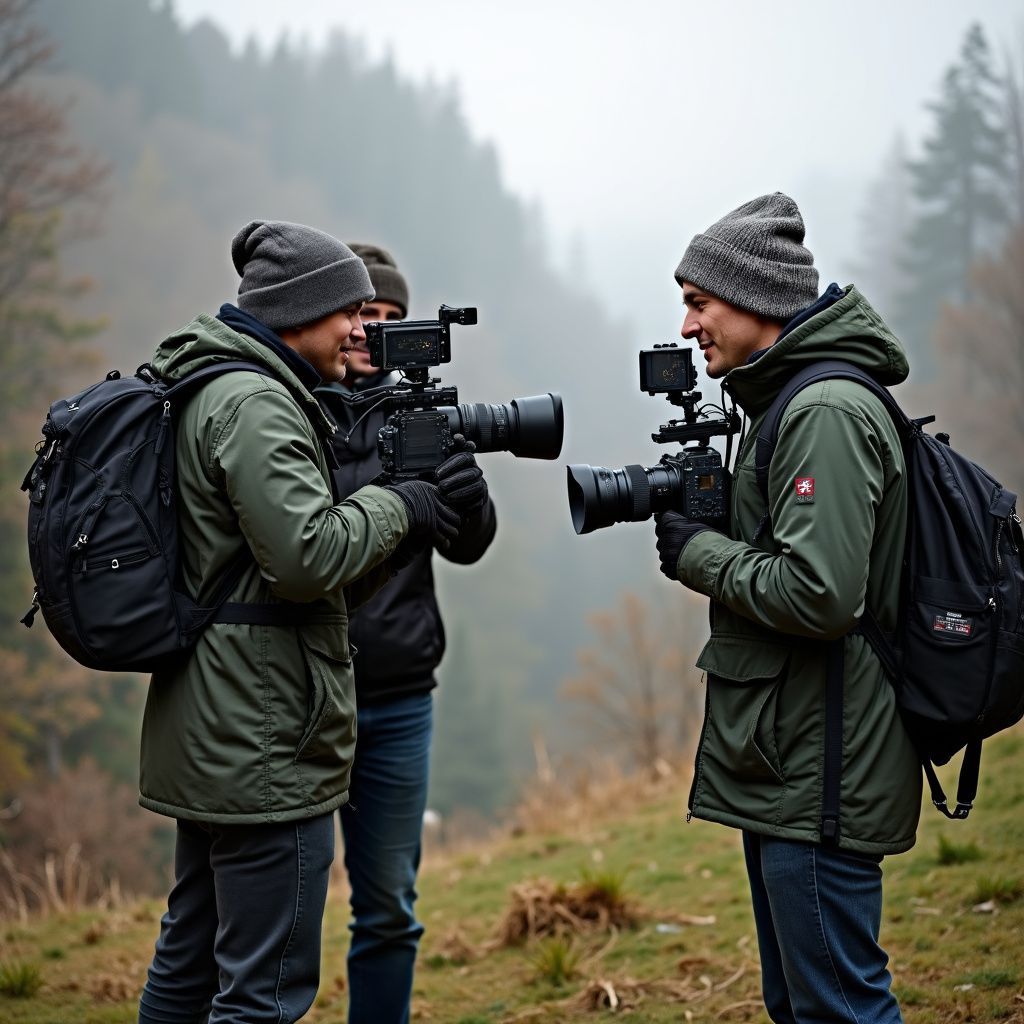 Three people filming outdoors in a mountainous, foggy setting. They wear warm coats, hats, and backpacks, holding cameras.