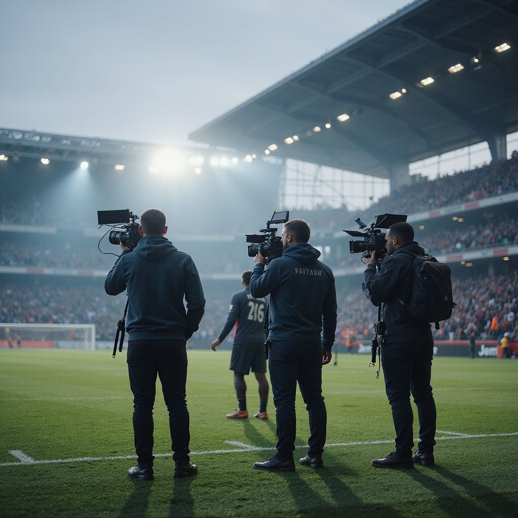 Three cameramen filming a soccer game at a stadium. A player stands on the field.