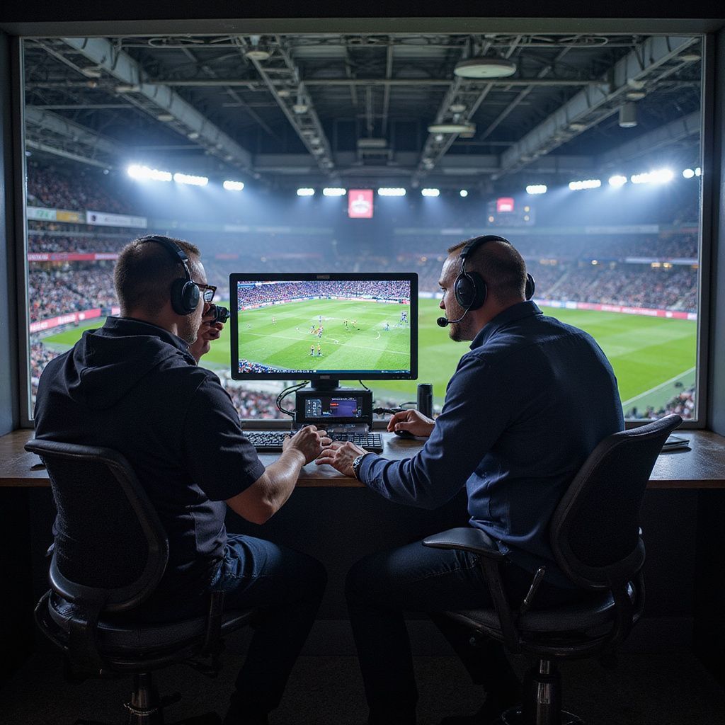 Two men wearing headsets in a broadcast booth, watching a soccer game on a monitor. Stadium visible in background.
