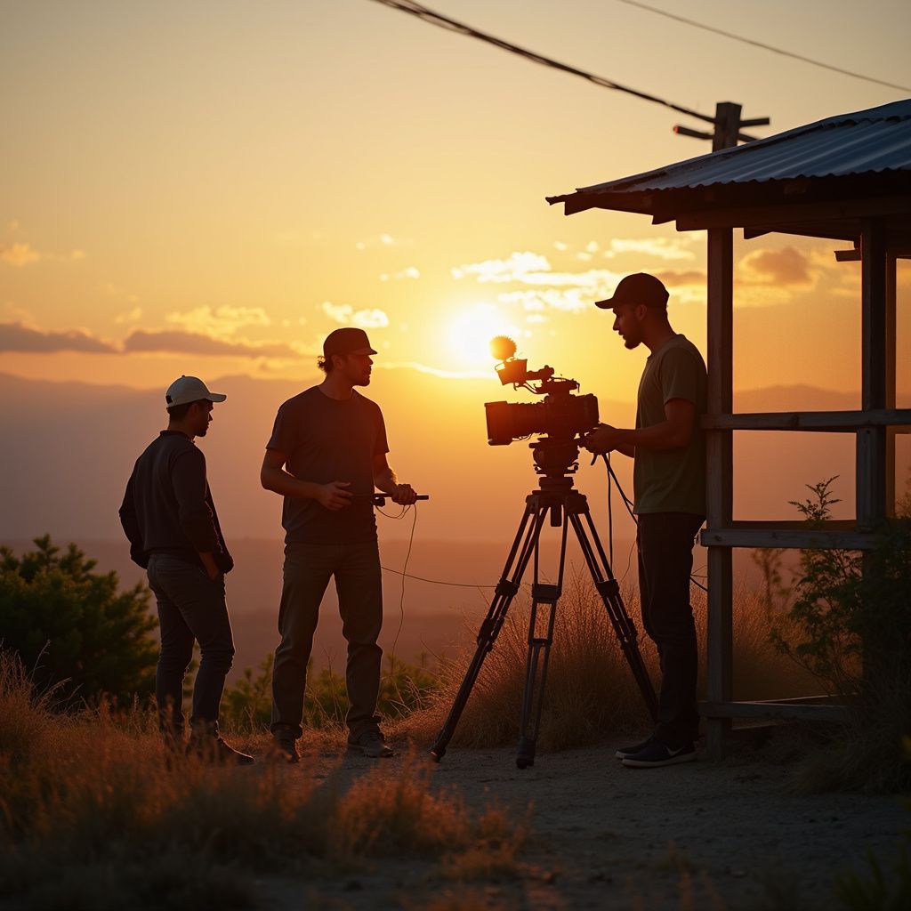 Three people filming with a camera on a tripod at sunset near a small structure.