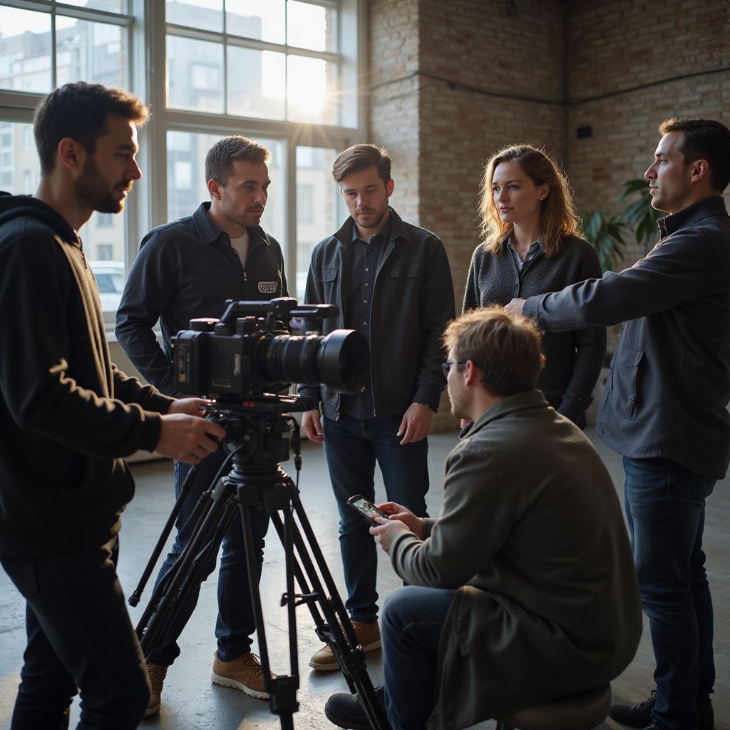 A film crew in a studio, gathered around a camera on a tripod, discussing a shot.