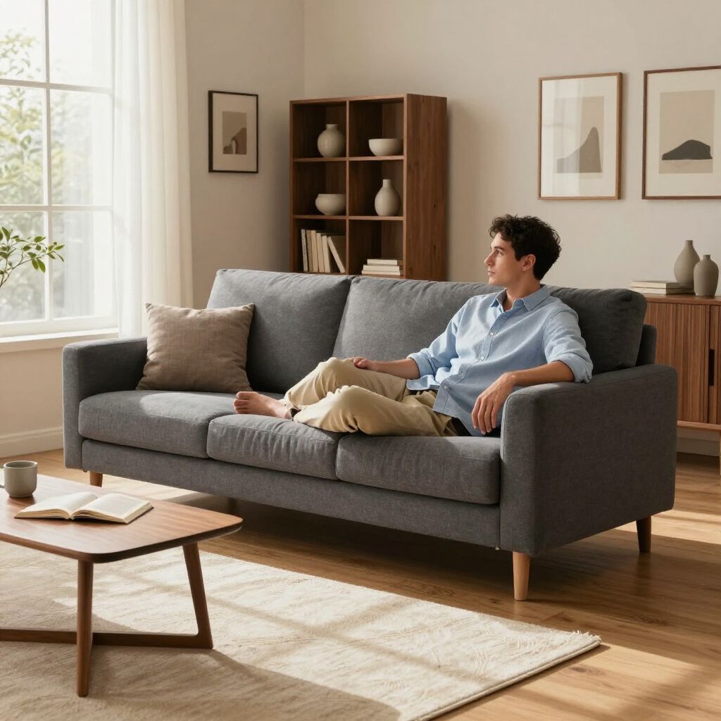 Person relaxing on a gray sofa in a living room with a coffee table and wooden furniture.