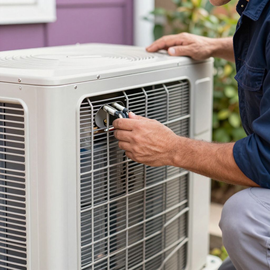 HVAC technician working on an outdoor air conditioning unit, using tools.
