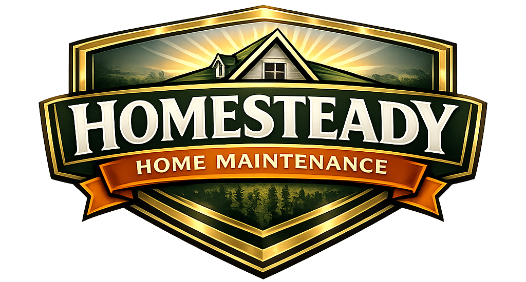 Homesteady Home Maintenance logo with house silhouette over a forest; gold and green color scheme.