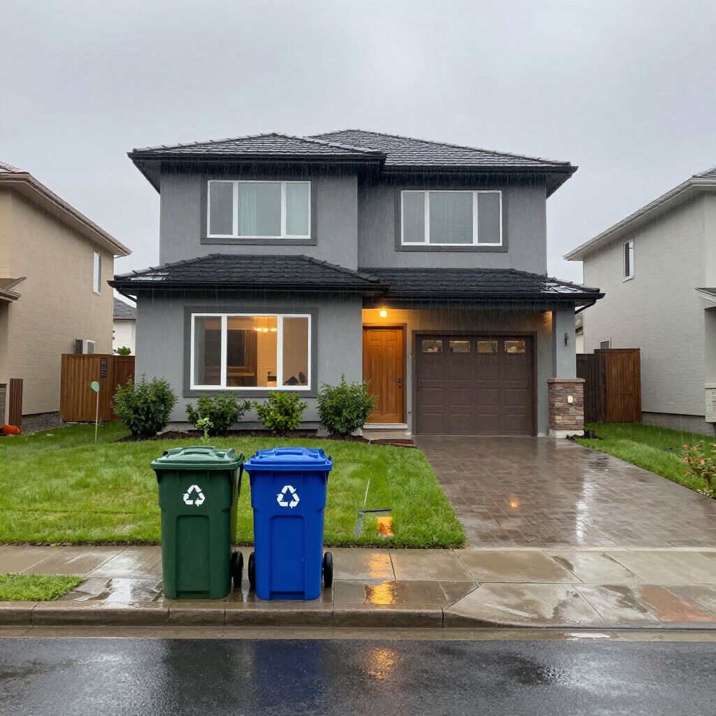 Two-story gray house with brown garage door, green and blue trash bins on a rainy street.