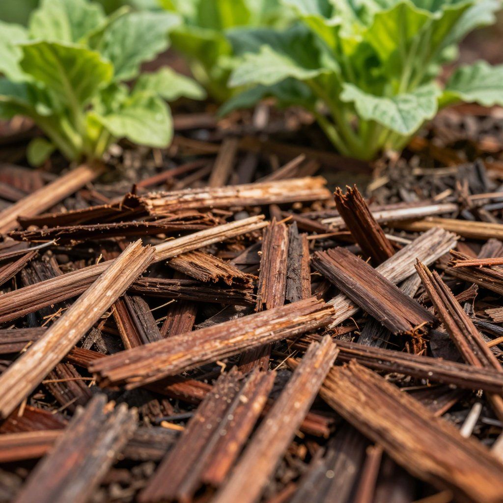Close-up of brown wood chip mulch around leafy green plants in a garden bed.