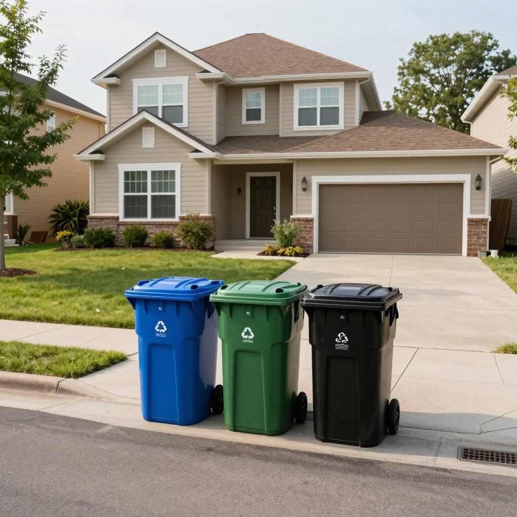 Three color-coded trash bins (blue, green, black) on a curb in front of a two-story beige house.