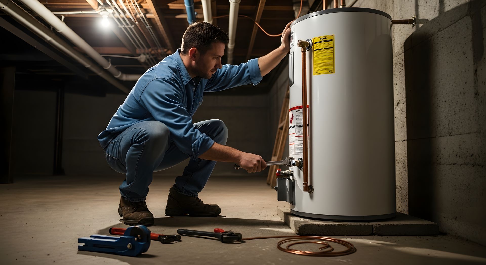 Man in blue shirt working on a hot water heater in a basement.