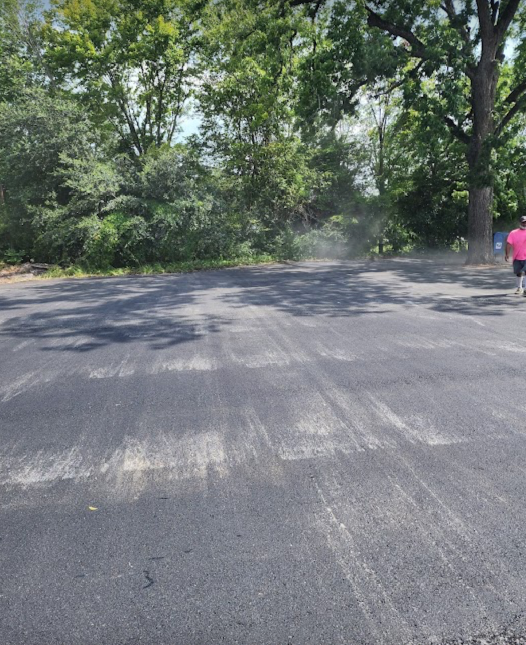A person in a pink shirt is walking down a road