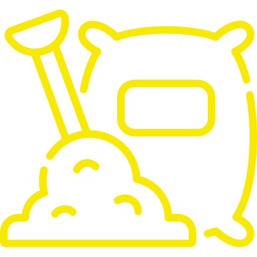 A yellow line drawing of a bag of dirt and a shovel.
