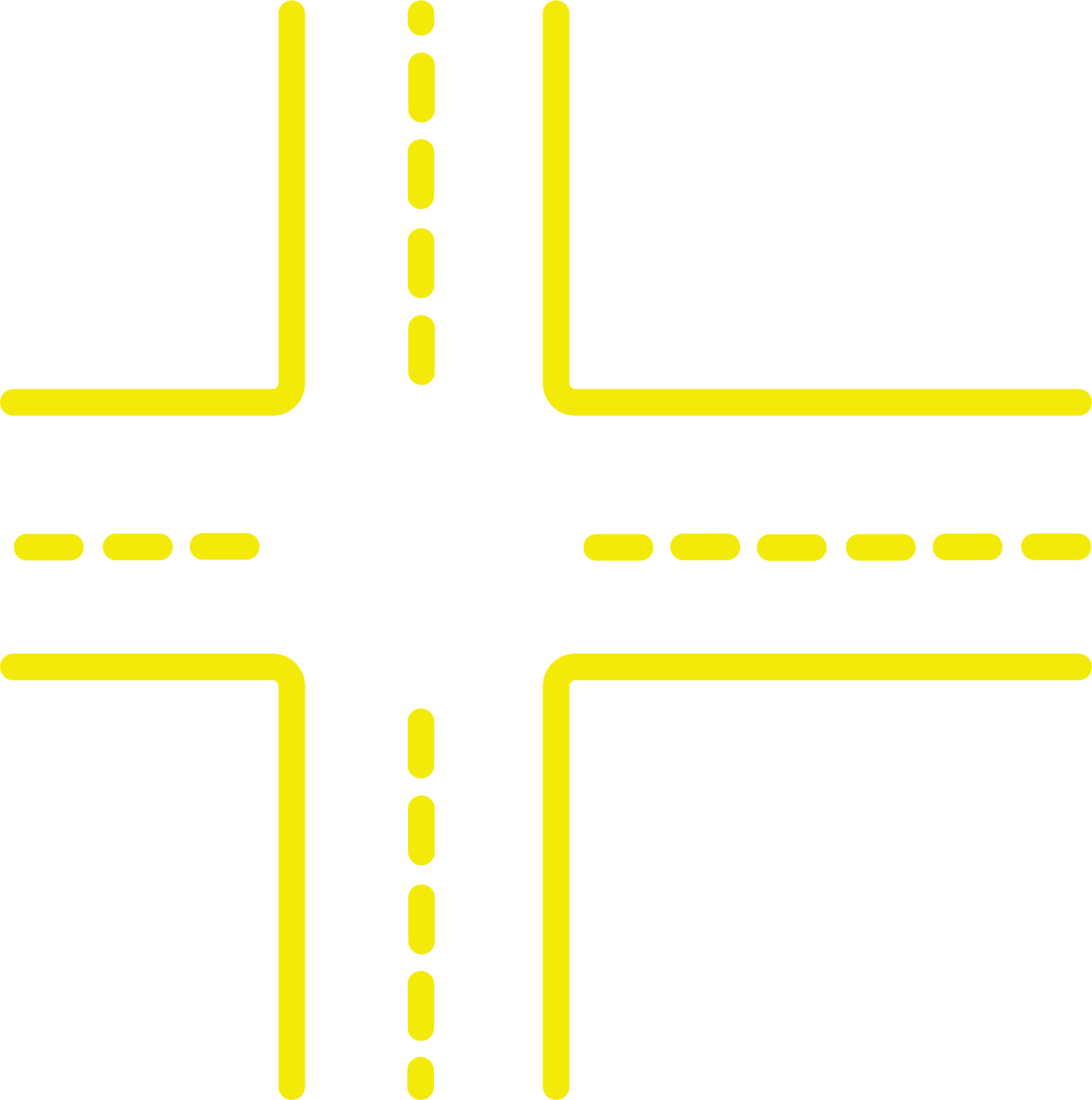 A yellow cross on a white background with lines and dots.