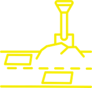 A yellow line drawing of a shovel digging a hole in the ground.