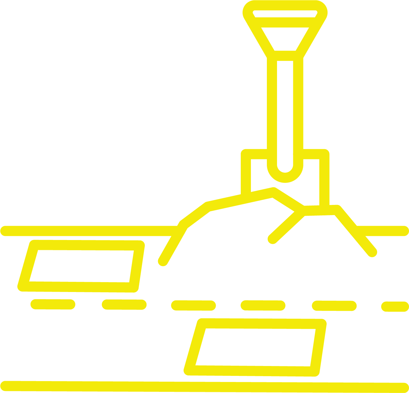 A yellow line drawing of a shovel digging a hole in the ground.