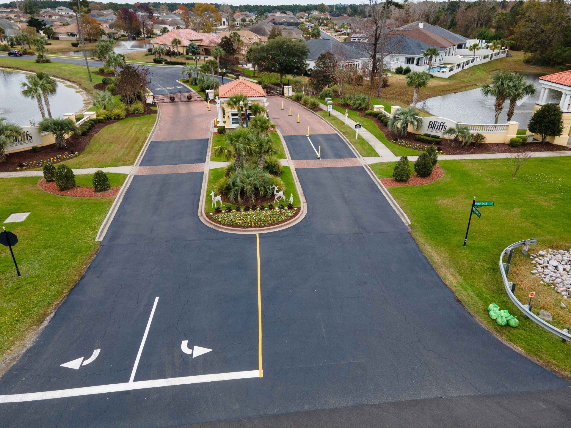 An aerial view of a driveway in a residential area
